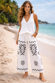 Linnen Broek Print Wit