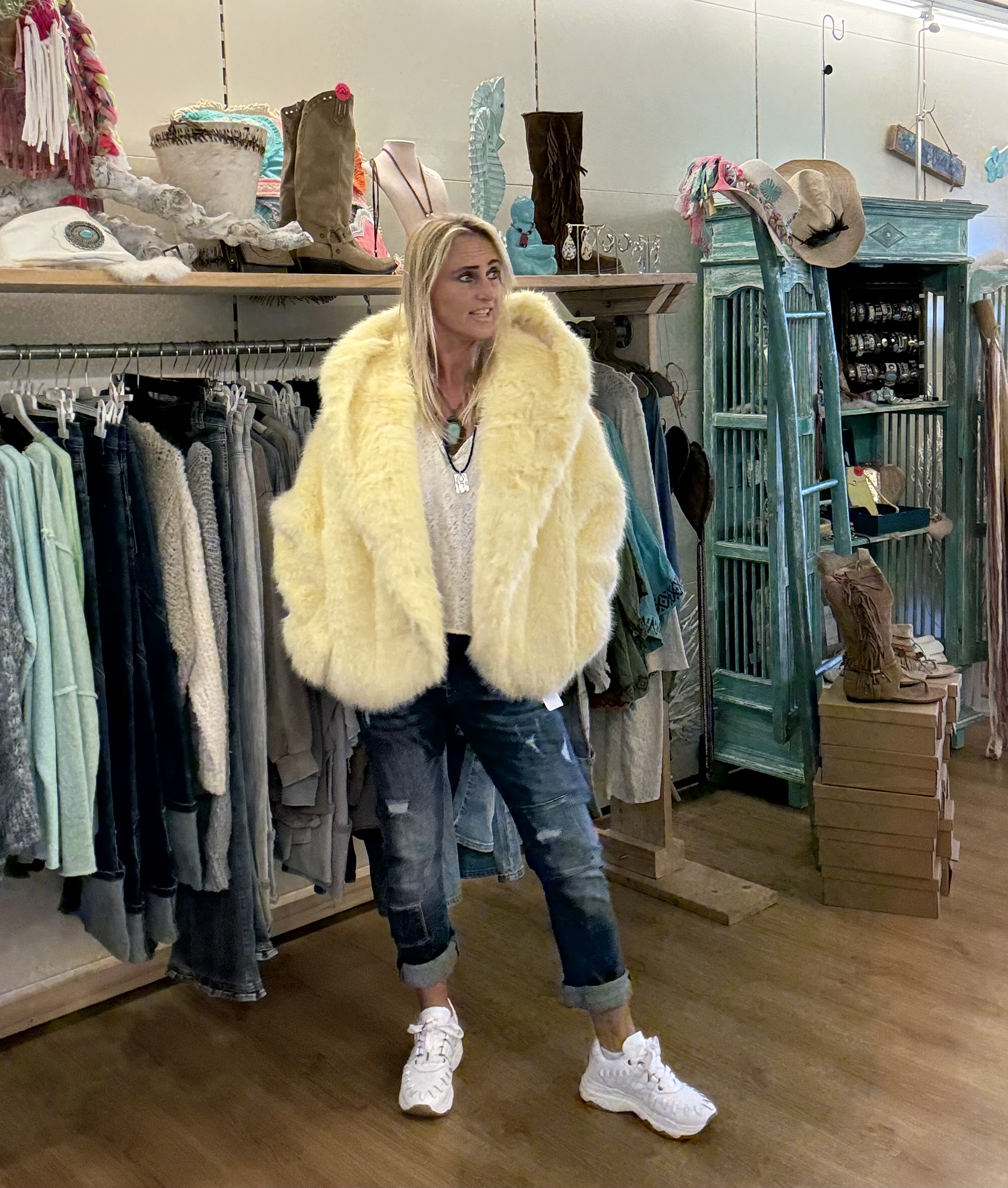 Bontjas Fake Fur Capuchon Geel