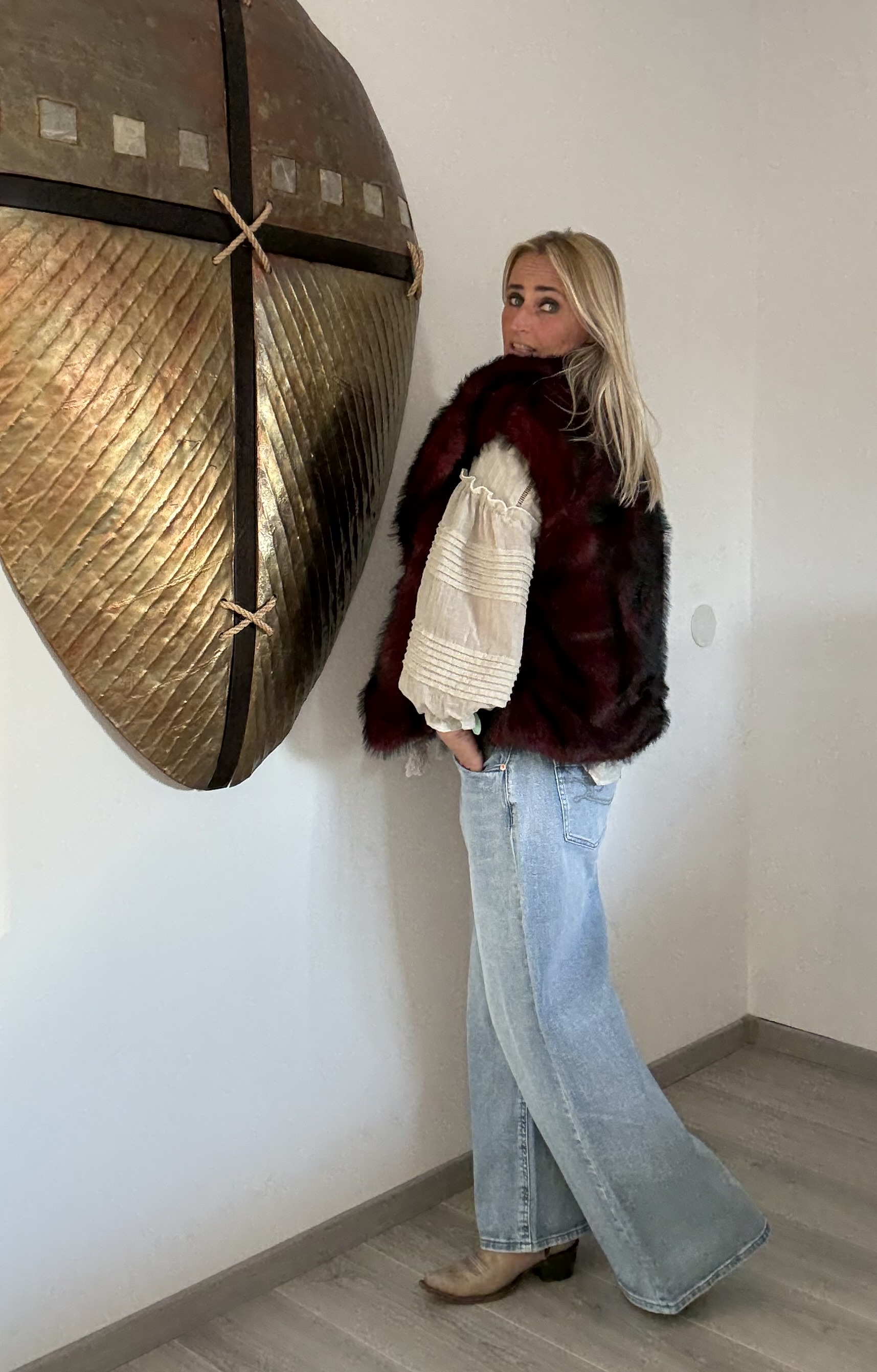Bodywarmer Fake Fur Bordeaux/Zwart