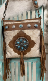 Dewi Shopper Cognac Koeienhuid Turquoise