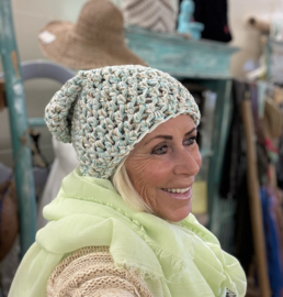 Zomer Beanie gemeleerd Mint Groen/Wit