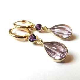 Gouden set creolen met fancy pink amethyst en ronde dieppaarse amethyst