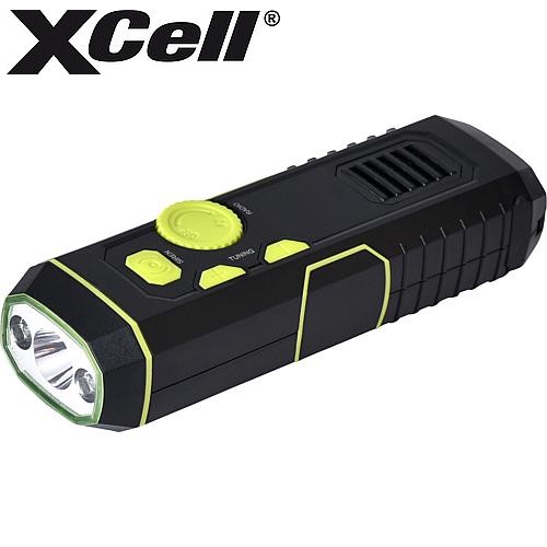 XCell dynamo via handzwengel /oplaadbare noodverlichting LED-zaklamp met FM-radio, noodsirene 120 dB en powerbankfunctie, afmetingen 156 x 50 x 34 mm kleur zwart, gewicht 162 gram, brandtijd tot 10 uur
