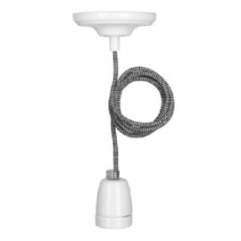 Bailey hanglamp York fitting porselein wit E27 incl. zwart/wit textielsnoer + plafondkap wit