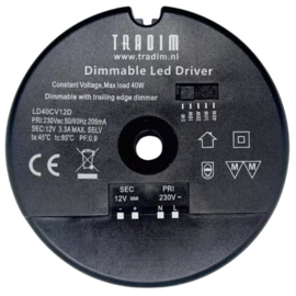Tradim eerste ronde dimbare Led driver met gat ø 10 mm 230 Volt 12 Volt DC 1-40 Watt