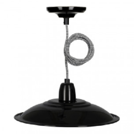 Bailey hanglamp Cult  zwart emaillen kap E27 incl. zwart/wit textielsnoer + plafondkap wit