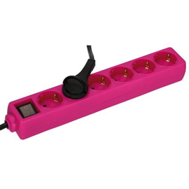 GBO tafeldoos 6 voudig met randaarde, controleschakelaar en platte haakse stekker kleur roze