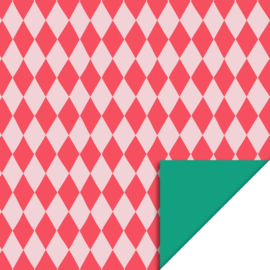 Cadeaupapier dubbelzijdig - Kerst - Ruit rood/roze/groen - 3 meter per rol
