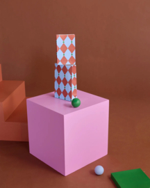 Blokbodemzakken ruit, lichtblauw | aubergine, set van 5