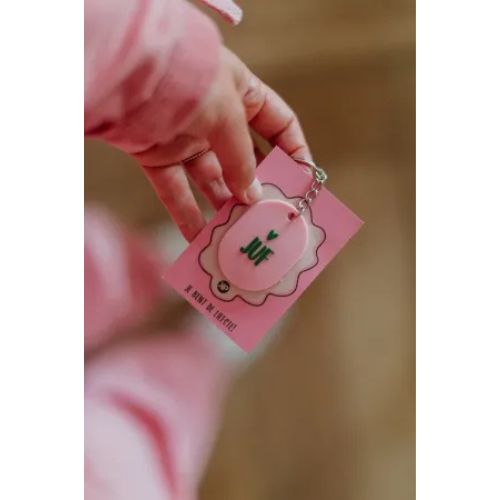 Sleutelhanger juf, roze + groen