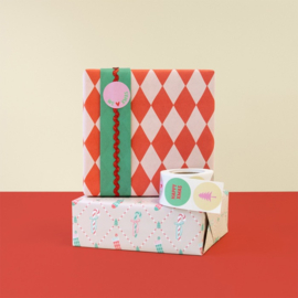 Cadeaupapier dubbelzijdig - Kerst - Ruit rood/roze/groen - 3 meter per rol