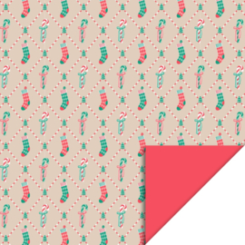 Cadeaupapier dubbelzijdig - Kerstsokken - beige/ groen/rood - 3 meter per rol