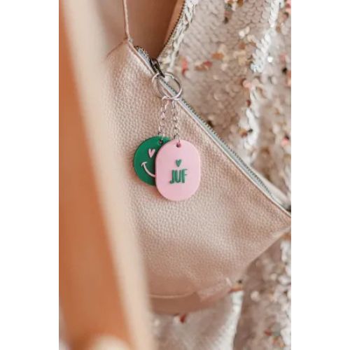 Sleutelhanger juf, roze + groen