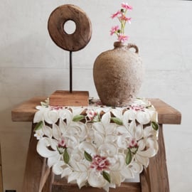 Tafelloper ovaal || 88 cm x 38 cm || crème || bloemen roze