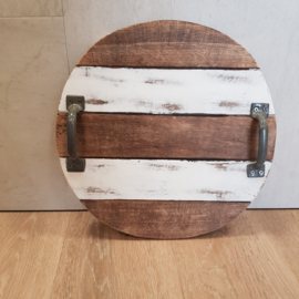 Houten dienblad rond || half wit || met handgrepen || circa 30 cm