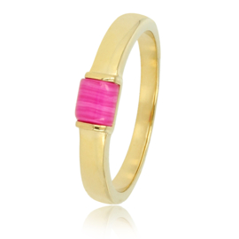 MY BENDEL | Gouden ring met felroze Rose Stripe agaat edelsteen