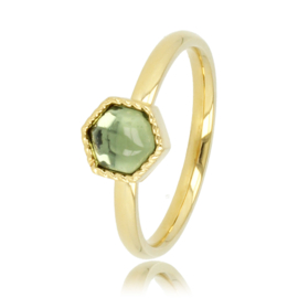 MY BENDEL | Gouden zeshoek ring met groene glassteen