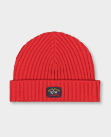Paul & Shark Ribbed Wool Beanie with Iconic Badge - Warm Red