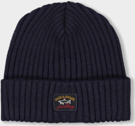 Paul & Shark Ribbed wool beanie with iconic badge - Navy Blue