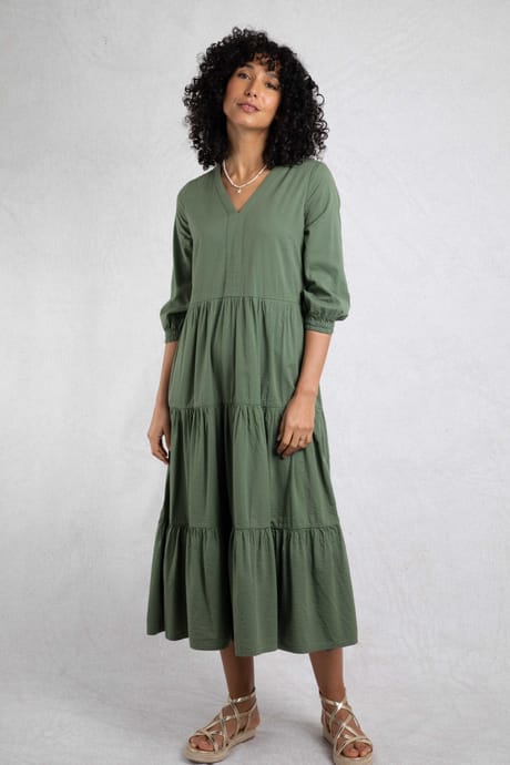 Weird Fish Margo Seersucker Tiered Midi Dress - Army Green