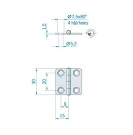 Roca vlakscharnier met ronde hoeken RVS 30x15mm