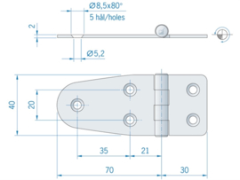 Roca staartscharnier vlak RVS 100 x 39 mm