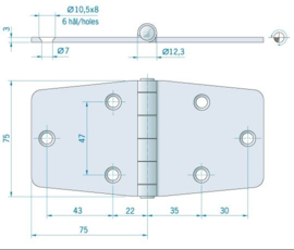 Roca staartscharnier vlak RVS 150 x 75 mm