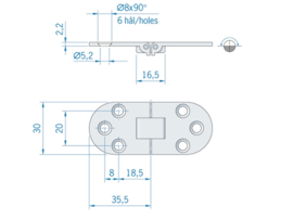 Roca tafelbladscharnier messing en verchroomd 71 x 30 mm