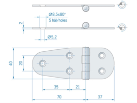 Roca staartscharnier vlak RVS 107 x 40 mm