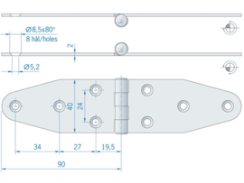 Roca staartscharnier vlak RVS 180 x 40 mm