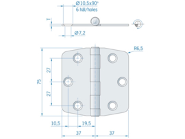 Roca staartscharnier vlak RVS 74 x 75 mm