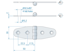 Roca staartscharnier vlak RVS 100 x 27 mm