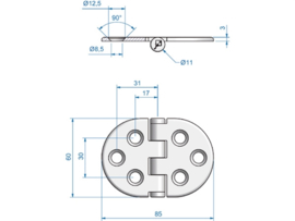 Roca vlakscharnier rond RVS 85 x 60 mm schroef