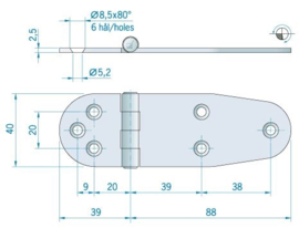 Roca staartscharnier vlak RVS 127 x 40 mm