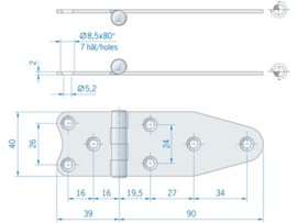 Roca staartscharnier vlak RVS 129 x 40 mm