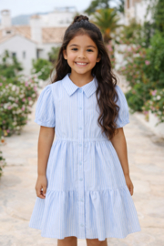 Heerlijk zomerjurkje met korte mouw lichtblauw gestreept .