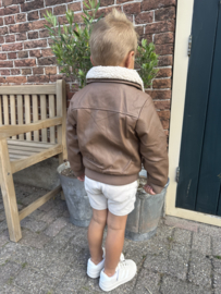 Stoere leather look piloten jas met bont .