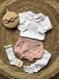 Korte mouw romper Babidu wit met roze afgewerkt.