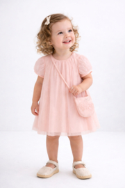 Prachtige uitgewerkte ballonjurk van Mayoral in het roze met tasje.