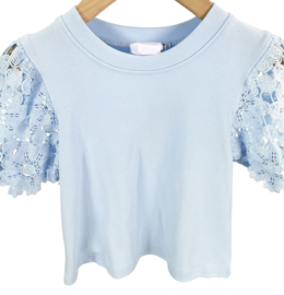 Mooi uitgewerkt shirtje met kanten mouwen in het lichtblauw .