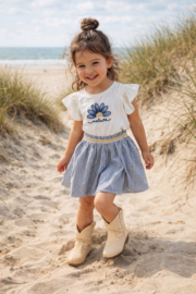 Mooi uitgewerkt rokje van Like flo blauw/wit met goud afgewerkt.