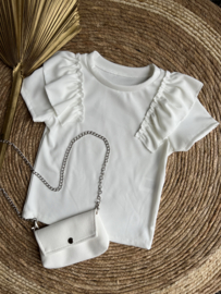 shirtje met korte mouw en roesel met bijpassend tasje in het offwhite.