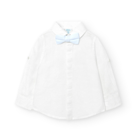 Mooie uitgewerkte linnen blouse met vlinderstrik lichtblauw/wit.