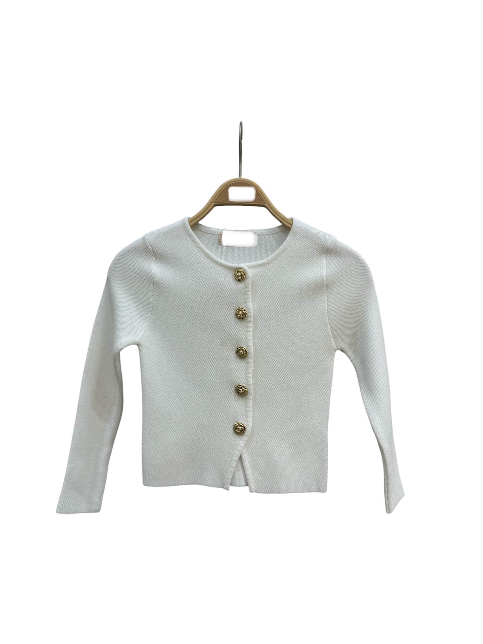 Prachtig fijn gebreid vestje met gouden knoopjes in offwhite.