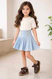 Fijn gebreid rokje met gouden knopen in het lichtblauw.