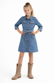 Fijne spijkerjurk met stretch en een ceintuur.