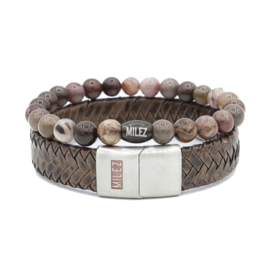 Brown Jasper armbandenset voor heren – leer en jaspis