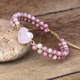 Armband rozenkwarts rhodoniet hart dames verstelbaar handgemaakt natuursteen