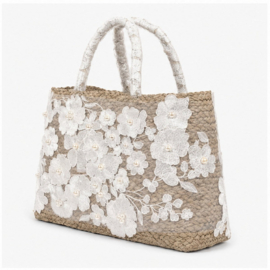 Grote Shopper Wit met Bloemen Borduursel Strandtas 42x30x24 cm