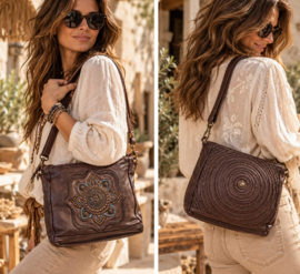 Leren schoudertas bruin – 2-in-1 met turquoise accenten - Boho